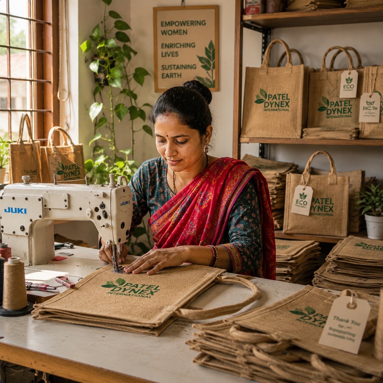 Women artisan sewing at a USHA machine in a tailoring workshop, rural women-led production