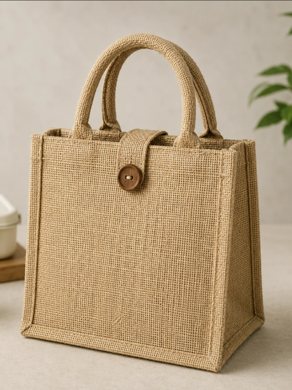 Button-Close Jute Lunch Bag
