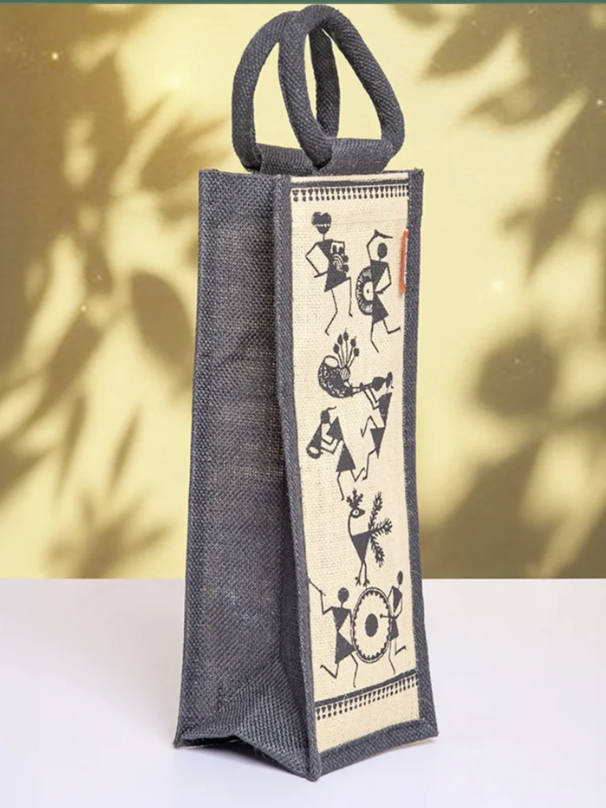 Warli Print Jute Wine Bottle Bag